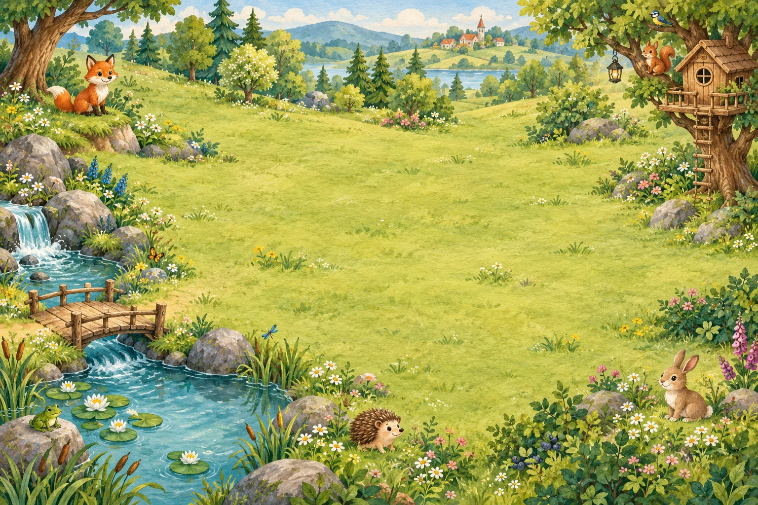 A sunny woodland with a fox, a pond, a rabbit and a treehouse